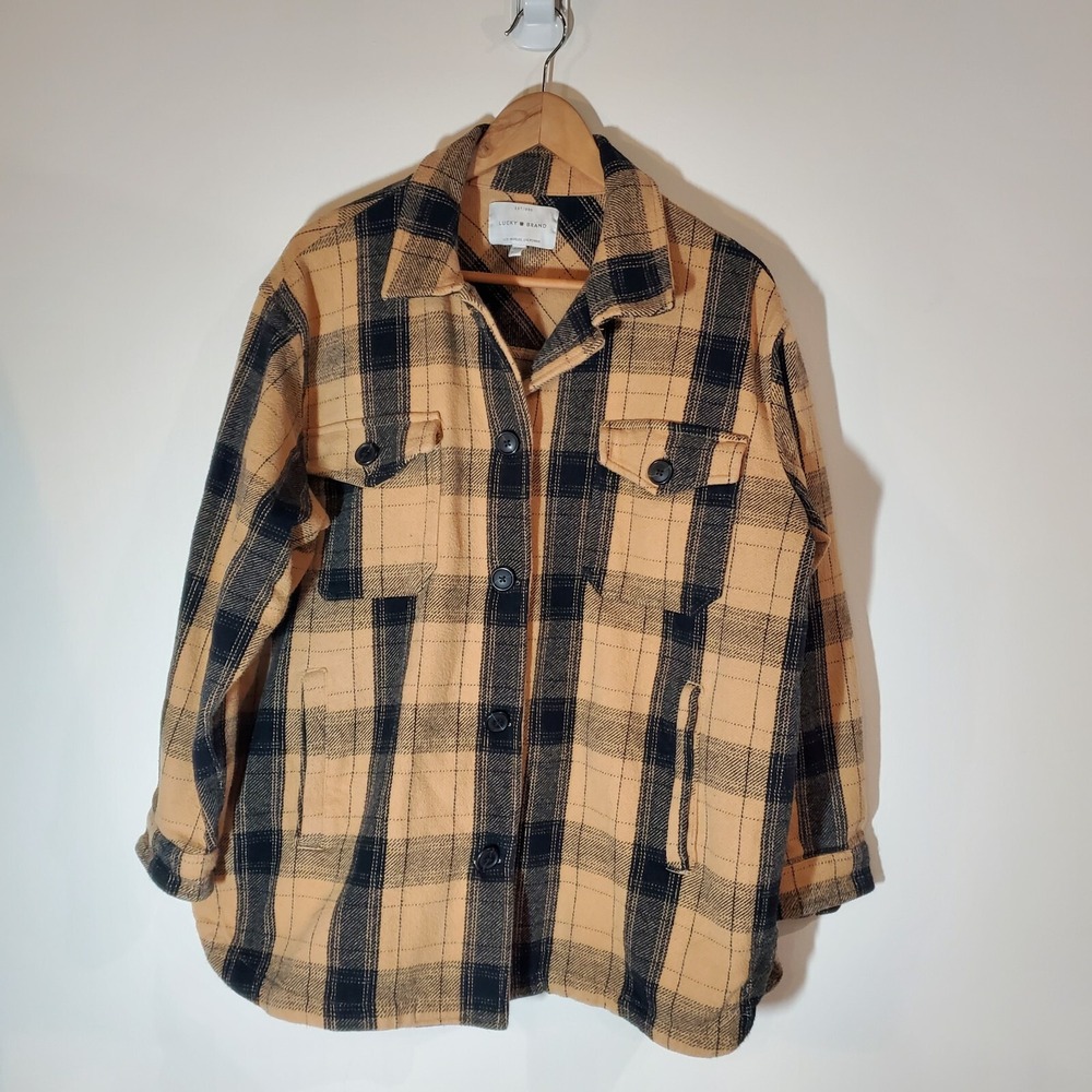 Lucky Brand Women's Oversized Buffalo Plaid Shirt Jacket Shacket Tan Black Sz Lg - Picture 2 of 6